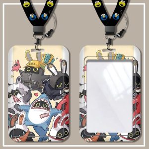 Zenless Zone Zero hard plastic card sleeve featuring characters like Hoshimi Miyabi and Wise with an attached neck lanyard.