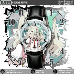 Round silver analog watch featuring Zenless Zone Zero character Chinatsu printed on the face, styled with black and white leather straps.