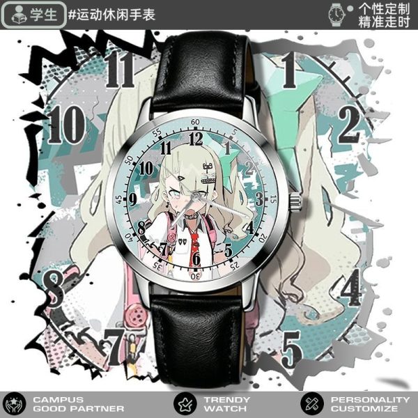 Round silver analog watch featuring Zenless Zone Zero character Chinatsu printed on the face, styled with black and white leather straps.