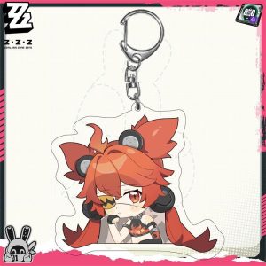 Chibi acrylic keychains featuring Zenless Zone Zero characters including Ellen Joe, Wise, Belle, and Koleda attached to silver metal keyrings.