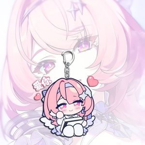 Clear acrylic keychain of Zenless Zone Zero character Lumiere in cute chibi style with various expressions attached to a silver metal clasp.