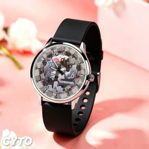 Round silver wristwatches featuring printed Zenless Zone Zero characters Anby, Billy, Ben Bigger, and Soldier 11 on the dials with black and white silicone straps.