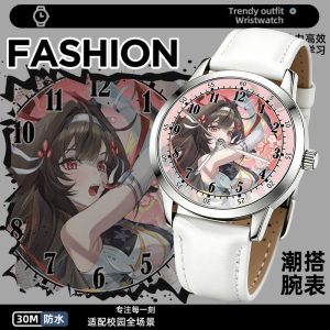 Round silver anime wristwatch featuring printed Zenless Zone Zero character Ye Shunguang on the dial with a white stitched leather strap.