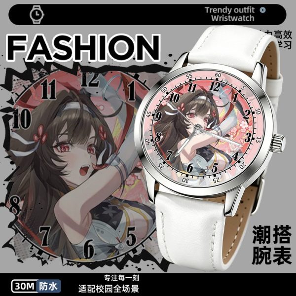 Round silver anime wristwatch featuring printed Zenless Zone Zero character Ye Shunguang on the dial with a white stitched leather strap.