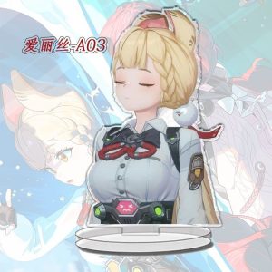 Zenless Zone Zero Alice acrylic standees displaying four different funny meme facial expressions mounted on clear plastic bases.