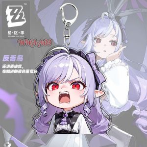 Cute chibi acrylic keychain of Zenless Zone Zero character Vivian with a silver key ring and lobster clasp attached.