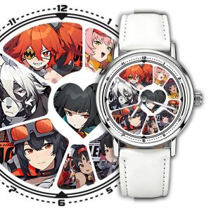 Silver round Zenless Zone Zero anime wristwatch with a white strap featuring a character collage dial with Ellen Joe, Nicole, Lycaon, Koleda, and Nekomata.