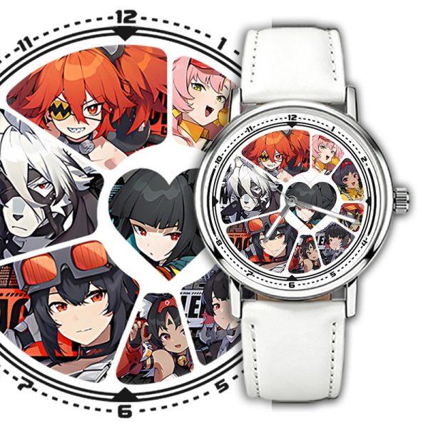 Silver round Zenless Zone Zero anime wristwatch with a white strap featuring a character collage dial with Ellen Joe, Nicole, Lycaon, Koleda, and Nekomata.