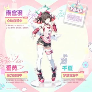 Clear Zenless Zone Zero acrylic standee featuring Chinatsu, Eri, and Nangong Yu in pink winged Delusional Angel idol outfits on round display bases.