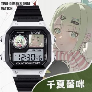 Black and silver square digital sports watch with a clear LCD screen featuring Zenless Zone Zero character Chinatsu Remi on the dial face displays.