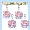 Acrylic keychain of chibi Remiel from Zenless Zone Zero with pink hair, angel wings, and cute speech bubbles on a silver lobster clasp.