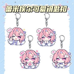 Acrylic keychain of chibi Remiel from Zenless Zone Zero with pink hair, angel wings, and cute speech bubbles on a silver lobster clasp.