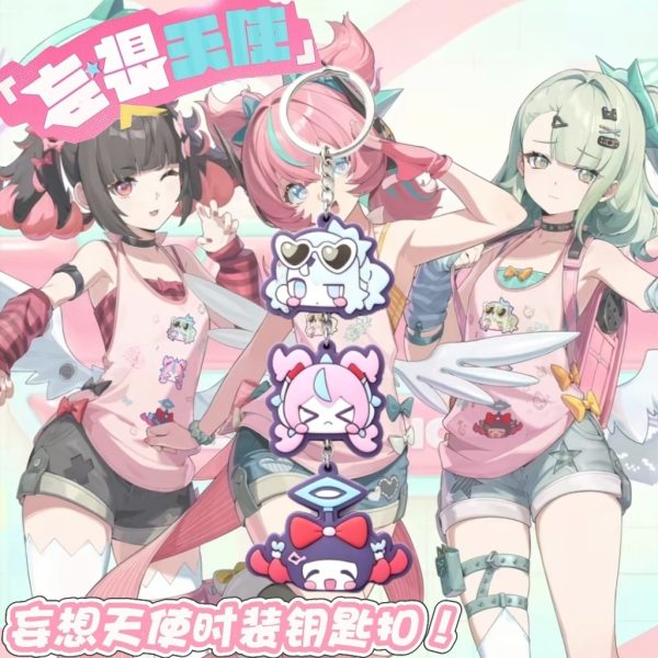 Three-tier stacked chibi mascot keychain set against artwork of Zenless Zone Zero characters Chinatsu, Eri, and Nangong Yu in pink tank top idol outfits.
