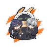 Clear acrylic keychain charm featuring chibi anime illustrations of Belle, Wise, and a large black Eous Bangboo from Zenless Zone Zero.