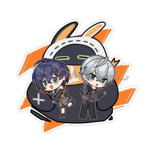 Clear acrylic keychain charm featuring chibi anime illustrations of Belle, Wise, and a large black Eous Bangboo from Zenless Zone Zero.