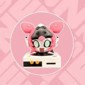 A 3D printed pink mascot model of Eri's signature W-Engine Spirit in the Shell from Zenless Zone Zero mounted on a mechanical display stand base.