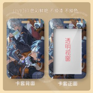 Hard plastic ID card sleeve featuring Zenless Zone Zero main characters Wise and Belle with a clear front window for scanning passes.