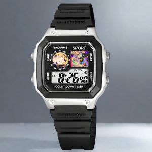 Square digital sports watch in matte black and silver cases featuring custom Zenless Zone Zero anime character illustrations printed on the upper display windows.