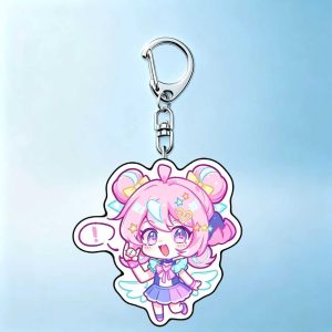 Chibi acrylic keychains of Zenless Zone Zero Delusional Angels characters Nangong Yu, Chinatsu, and Arui with silver lobster clasps.