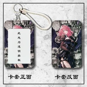 Front and back view of a Zenless Zone Zero Remiel sliding hard plastic ID card holder with a clear display window and attached braided wrist strap.