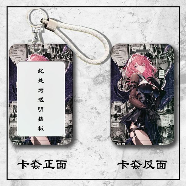 Front and back view of a Zenless Zone Zero Remiel sliding hard plastic ID card holder with a clear display window and attached braided wrist strap.