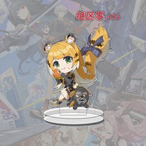 A collection of Zenless Zone Zero chibi anime acrylic standees featuring various characters standing on clear plastic bases.