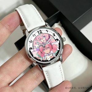 Round silver Zenless Zone Zero anime quartz wristwatch with white leather strap featuring colorful chibi anime character illustrations on the dial.