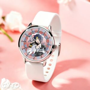 Silver round Zenless Zone Zero anime watch with a white silicone strap and colorful character dial display.