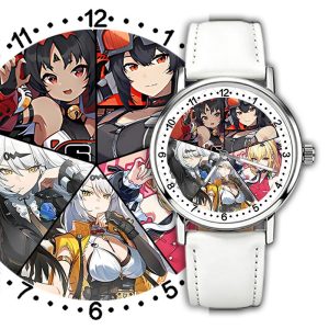 Silver round Zenless Zone Zero anime wristwatch with a white strap featuring a character collage dial with Ellen Joe, Nicole, Lycaon, Koleda, and Nekomata.