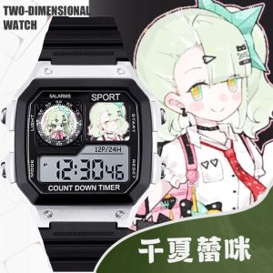 Black and silver square digital sports watch with a clear LCD screen featuring Zenless Zone Zero character Chinatsu Remi on the dial face displays.