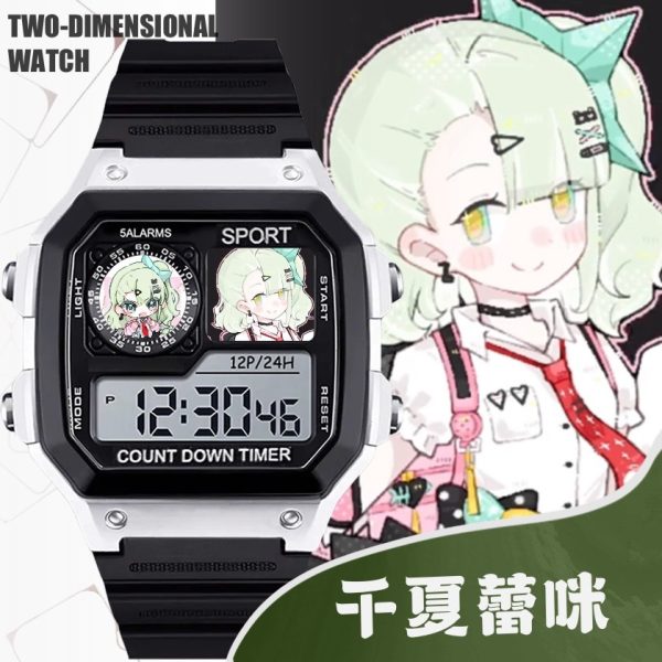 Black and silver square digital sports watch with a clear LCD screen featuring Zenless Zone Zero character Chinatsu Remi on the dial face displays.