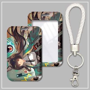 Hard plastic ID card sleeve featuring Zenless Zone Zero character Hoshimi Miyabi with a clear window and attached white braided wristlet lanyard keychain.