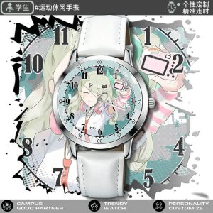 Round silver analog watch featuring Zenless Zone Zero character Chinatsu printed on the face, styled with black and white leather straps.