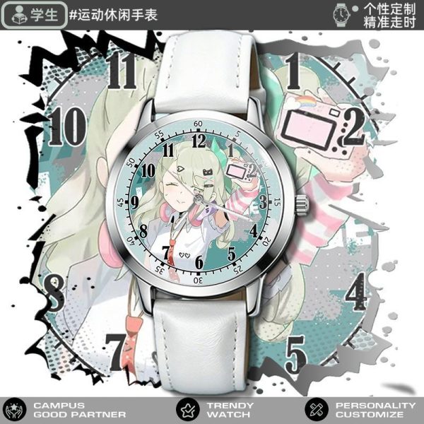 Round silver analog watch featuring Zenless Zone Zero character Chinatsu printed on the face, styled with black and white leather straps.