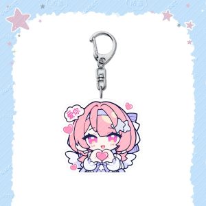 Acrylic keychain of chibi Remiel from Zenless Zone Zero with pink hair, angel wings, and cute speech bubbles on a silver lobster clasp.