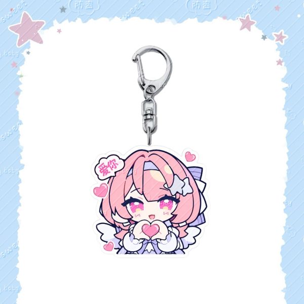 Acrylic keychain of chibi Remiel from Zenless Zone Zero with pink hair, angel wings, and cute speech bubbles on a silver lobster clasp.