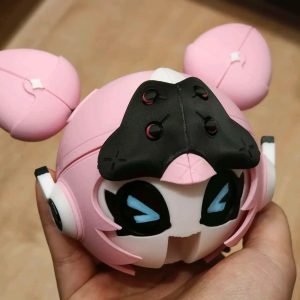 A 3D printed pink mascot model of Eri's signature W-Engine Spirit in the Shell from Zenless Zone Zero mounted on a mechanical display stand base.
