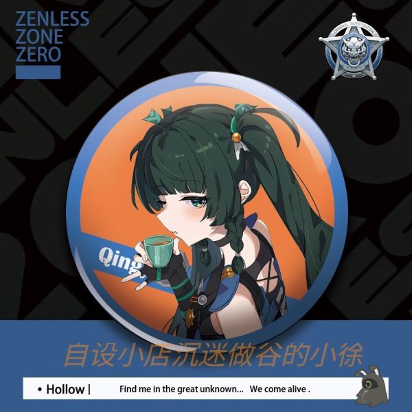 Set of round tinplate anime pin badges featuring Zenless Zone Zero characters Qingyi, Lucy, Piper, Corin, and Ju Fufu in custom fanart styles.
