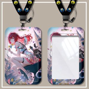 Zenless Zone Zero hard plastic card sleeve featuring characters like Hoshimi Miyabi and Wise with an attached neck lanyard.