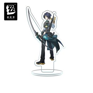 Clear acrylic standee figures of Zenless Zone Zero characters including Harumasa with a bow, Yixuan, Miyabi with a katana, Dialyn, and Clara with a bird.
