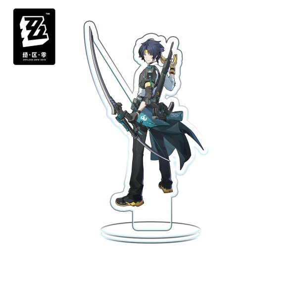 Clear acrylic standee figures of Zenless Zone Zero characters including Harumasa with a bow, Yixuan, Miyabi with a katana, Dialyn, and Clara with a bird.