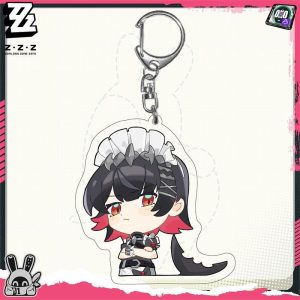 Chibi acrylic keychains featuring Zenless Zone Zero characters including Ellen Joe, Wise, Belle, and Koleda attached to silver metal keyrings.