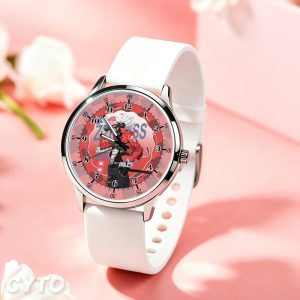 Round silver wristwatches featuring printed Zenless Zone Zero characters Anby, Billy, Ben Bigger, and Soldier 11 on the dials with black and white silicone straps.