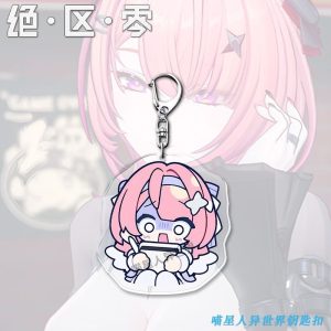 Zenless Zone Zero Remiel chibi acrylic keychains displaying funny gaming reaction expressions like crying, blushing, and cheering while holding a white game controller.