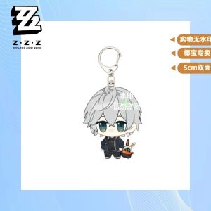 Double-sided 5cm clear acrylic keychain featuring Zenless Zone Zero characters in a cute chibi style attached to a silver metal clasp.