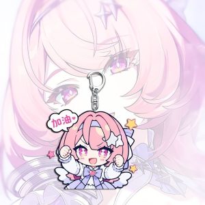Clear acrylic keychain of Zenless Zone Zero character Lumiere in cute chibi style with various expressions attached to a silver metal clasp.