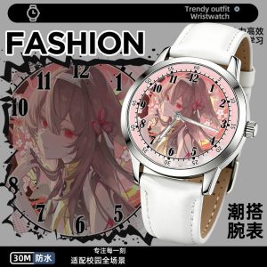 Round silver anime wristwatch featuring printed Zenless Zone Zero character Ye Shunguang on the dial with a white stitched leather strap.