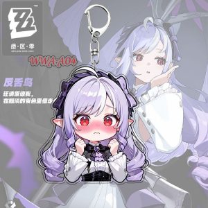 Cute chibi acrylic keychain of Zenless Zone Zero character Vivian with a silver key ring and lobster clasp attached.