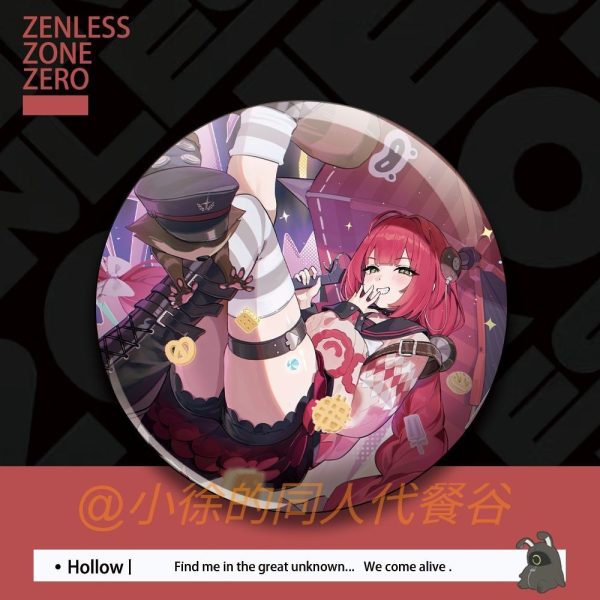 Round tinplate anime pin badge featuring red-haired Yuzuha Fuwa from Zenless Zone Zero in vibrant fanmade illustrations.