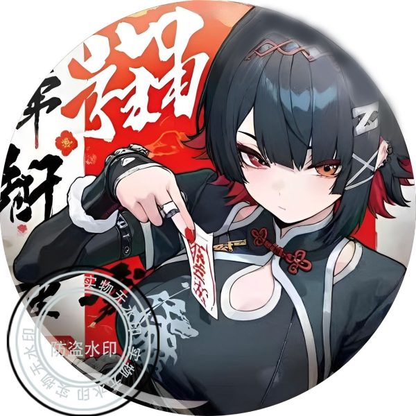 Round tinplate anime pin badges featuring shark-maid Ellen Joe from Zenless Zone Zero in vibrant artwork poses.
